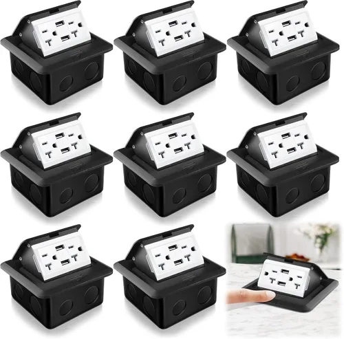 Vista 9 de Hoolerry Kit de 1 caja de cubierta de toma de corriente eléctrica de piso desplegable con cargador USB de 4.8 A, 20 amperios, impermeable