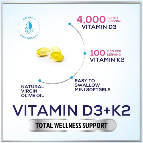 Vista 3 de Vitamina D con K2 (MK-7) – Vitamina D3 4000IU (125 mcg) por porción – Suplemento complejo D3K2 para huesos, dientes, músculos, absorción de calcio