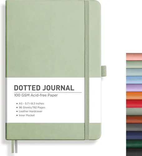 Vista 49 de RETTACY Cuaderno de diario con puntos y viñetas, 192 páginas, tamaño mediano A5 (5.7" x 8.3"), tapa dura de cuero, papel grueso de 100 gsm