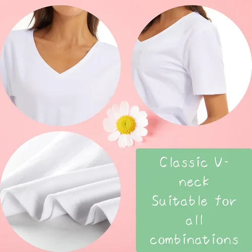 Vista 5 de Camisetas de manga corta para mujer, blusas de cuello en V de ajuste holgado