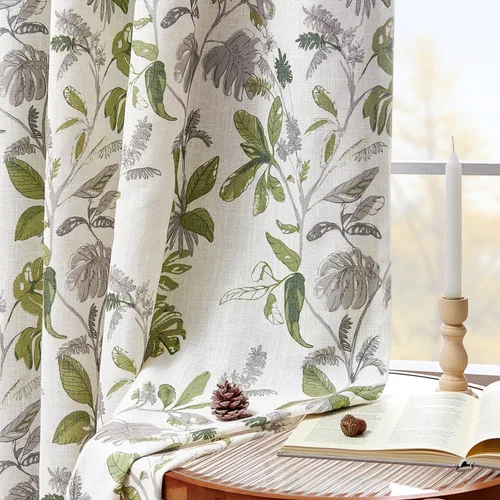 Vista 18 de Jinchan Cortinas de lino para sala de estar de 63 pulgadas de largo, con estampado de hojas tropicales, cortinas botánicas de lino estilo rústico