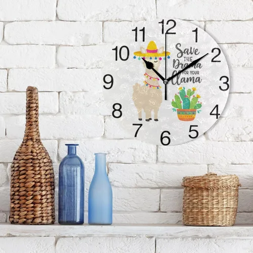 Vista 3 de senya Lindo reloj de pared redondo con diseño de cactus, pintura al óleo silenciosa sin tictac, decorativo para el hogar, oficina, escuela, reloj