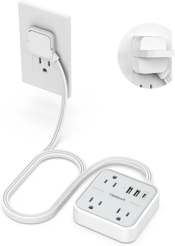 Vista 9 de TESSAN - Cable de extensión plano ultradelgado de 5 pies, color negro Slim Power Strip with USB Ports (1 USB C), Surge Protector, Flat Plug Wall