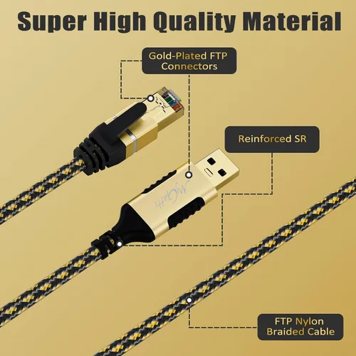 Vista 2 de Cable USB a Ethernet de 1 pie, cable USB-A 3.0 a RJ45, FTP, cable de red LAN blindado de alta velocidad de 1 Gbps, conectado directamente