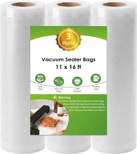Vista 11 de Moretoes Bolsas selladoras al vacío, 3 rollos de 8 x 16 pies para guardar alimentos, rollos de bolsas de grado comercial, sin BPA, bolsa