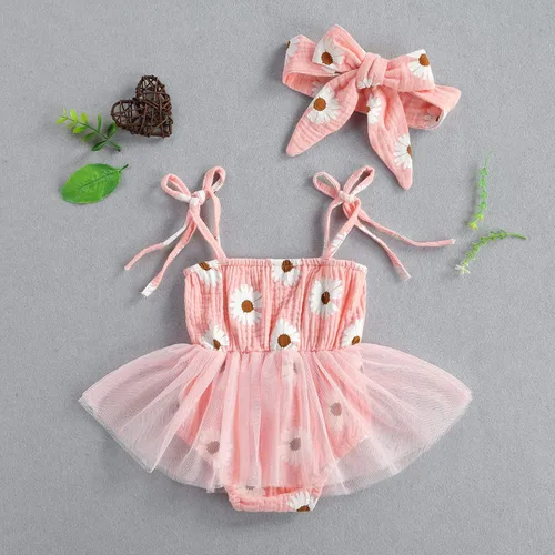 Vista 8 de Bebé recién nacido niña floral mameluco vestido de verano correas margaritas flores gasa tutú falda mono con diadema