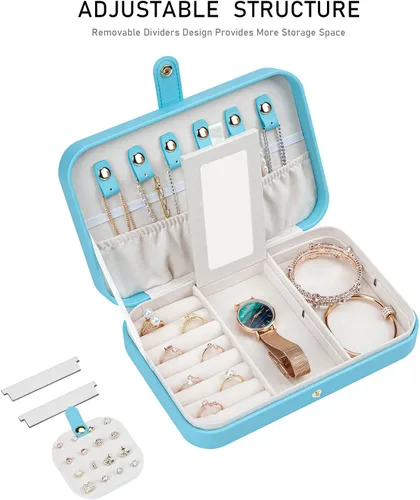 Vista 4 de V-LAFUY Joyero de viaje pequeño con espejo, caja de joyería portátil de viaje para mujeres y niñas, estuche de joyería para viajes, azul N