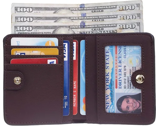 Vista 3 de Gostwo - Cartera compacta de piel genuina de lujo para mujer con bloqueo de RFID y ventana de identificación