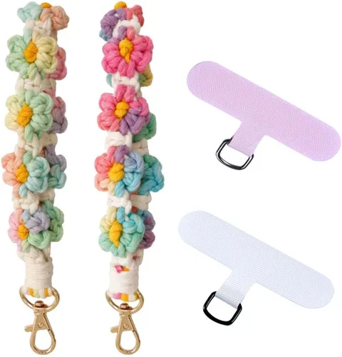 Vista 8 de VIOKKO Correa de muñeca de macramé bohemio para teléfono, cordón para teléfono celular con lengüeta de sujeción, pulsera con soporte para correa