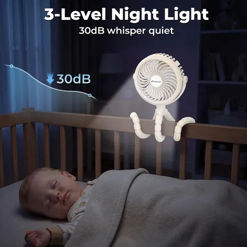Vista 6 de AMACOOL Ventilador de cochecito a pilas, esenciales de viaje para bebés para la playa, Disney, para recién nacidos, regalos de baby shower, búsqueda