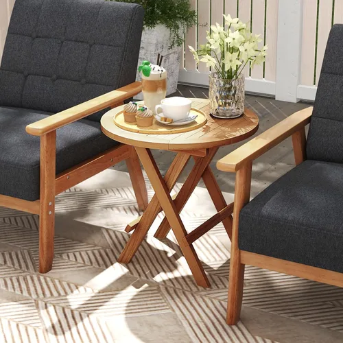 Vista 7 de RELAX4LIFE Mesa auxiliar plegable para exteriores, juego de 2 mesas auxiliares de madera de teca, mesa redonda de café bistró con mesa de listones