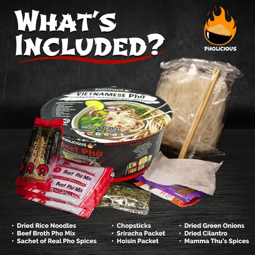 Vista 5 de PhoLicious Instant Beef Pho, auténtico kit de sopa de fideos de arroz vietnamita con mezcla de especias y caldo, alternativa de fideos ramen, comida