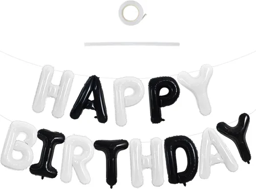 Vista 32 de TONIFUL Pancarta de Globos Negros de Feliz Cumpleaños de 16 Pulgadas con Letras de Papel de Aluminio Mylar, Cartel Banderín Reutilizable