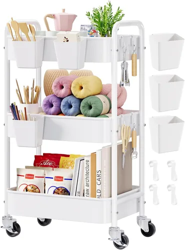 Vista 18 de Carrito pequeño de 2 niveles beige con ruedas, carrito de pañales para artículos esenciales para el cuarto de bebé, carrito de metal para debajo