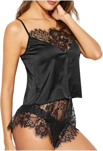 Vista 2 de Nskgu Conjunto de pijama de satén para mujer, lencería sexy, ropa de noche, 2 piezas con ribete de encaje, camisola y pantalones cortos, conjuntos