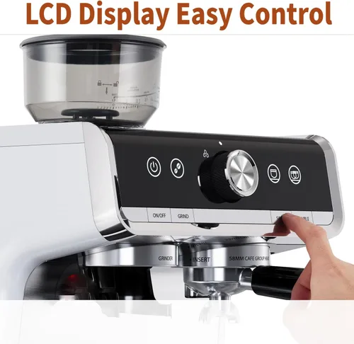 Vista 4 de Máquina de café expreso de 20 barras con molinillo, cafetera espresso profesional con espumador de leche, acero inoxidable cepillado, tanque de agua