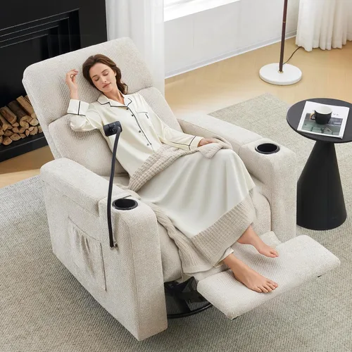 Vista 8 de ABCASA Mecedora reclinable eléctrica para guardería, planeador giratorio Chenille-marrón claro