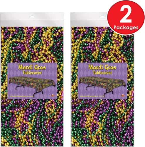 Vista 6 de Beistle Mantel de cuentas de Mardi Gras, 54 x 108 pulgadas, 2 piezas – Mantel de plástico, mantel rectangular, decoraciones de Mardi Gras