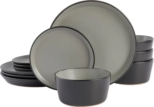 Vista 12 de Gibson Home Dempsey Road - Juego de vajilla de gres de 12 piezas – Servicio para 4, platos y cuencos redondos negros, juego moderno de platos