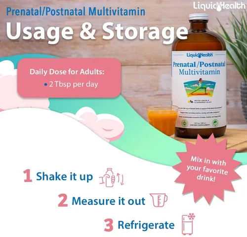 Vista 4 de LIQUIDHEALTH Multivitamínico líquido prenatal/posnatal para mujer con folato real, vitaminas pre y posnatales para antes, durante y después