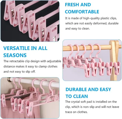 Vista 5 de DOITOOL Paquete de 10 perchas antideslizantes rosas para pantalones con clips ajustables, clips de plástico retráctiles para el hogar