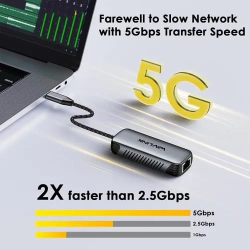 Vista 6 de WAVLINK Adaptador USB C a Ethernet de 5Gbps, convertidor de red USB-C a RJ45 de 5000Mbps con puerto de carga de 95W, carcasa de aluminio