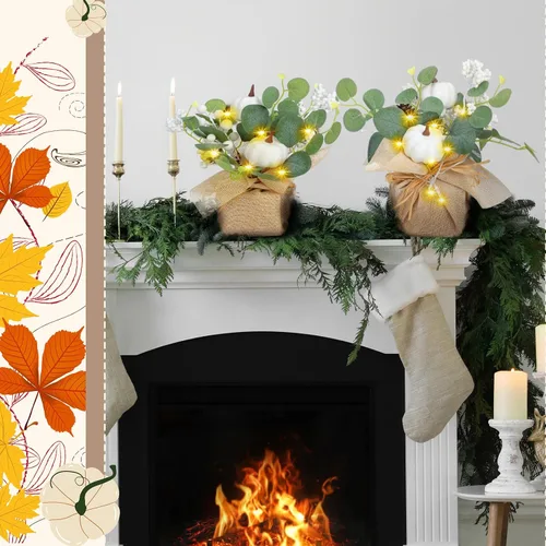 Vista 6 de Janinka Juego de 2 decoraciones de otoño de 11 pulgadas para el hogar, calabazas blancas, mesas de eucalipto, centros de mesa, conos de pino