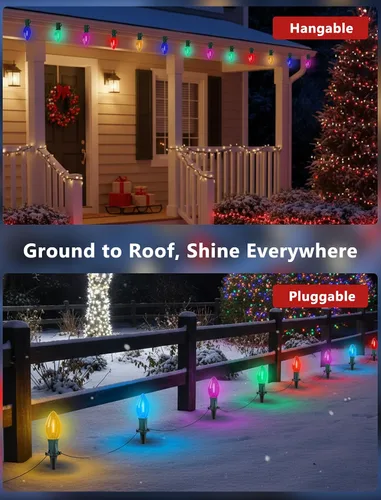 Vista 4 de 11.58m luces LED multicolor para camino de Navidad, 25 luces multicolor extensibles resistentes al clima para camino de Navidad con bombillas LED C9