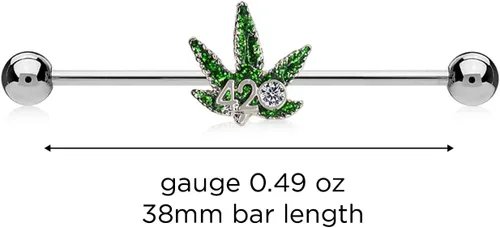 Vista 3 de Pierce2GO 420 Weed - Piercing de oreja industrial de acero inoxidable de grado quirúrgico 316L con circonita cúbica, piercing de oreja con colgante