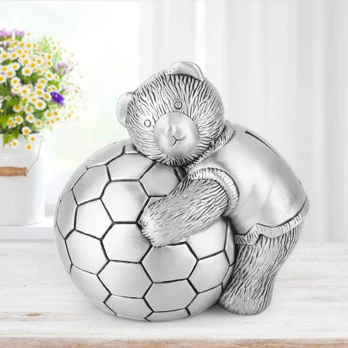 Vista 5 de Hucha de metal con diseño de oso pequeño con caja de dinero de fútbol, hucha de ahorro para decoración del hogar para niños