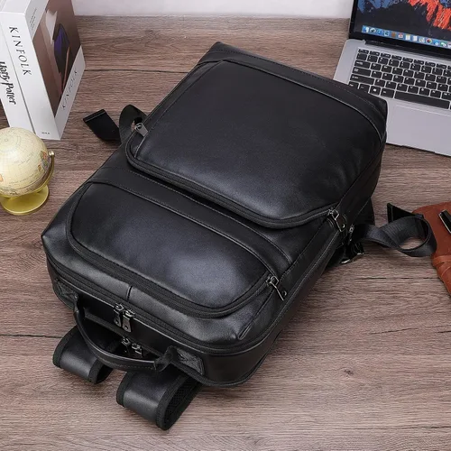 Vista 8 de Masa Kawa Mochila de cuero negro, 16" bolsa de viaje de trabajo de negocios