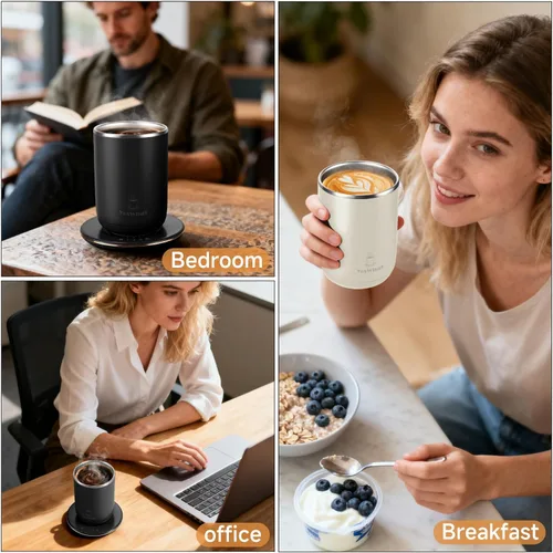 Vista 3 de Taza de café con agitación automática y control de temperatura, tipo-C, taza de mezcla magnética, 3 niveles de calor, apagado de 8 horas, taza