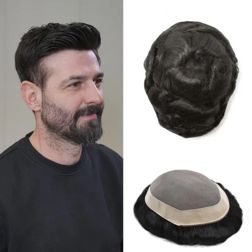 Vista 44 de Mens Toupee Hair Piece Real Human Hair Fine Mono Toupee para hombres Sistema de reemplazo de cabello para hombre Postizo Protesis Capilar Para