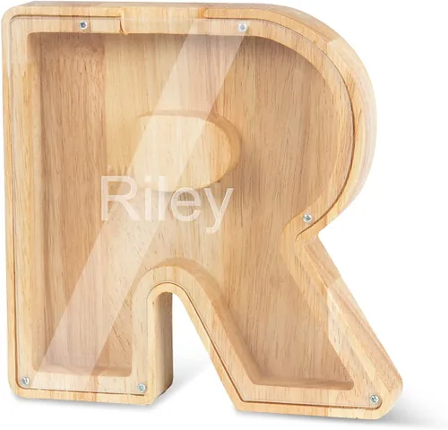 Vista 24 de Alcancía con nombre personalizado, 26 letras láser con texto personalizado, banco de monedas de madera, significado educativo, alcancía con nombre