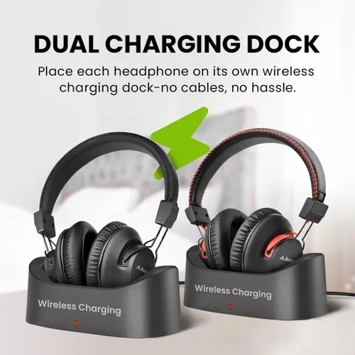 Vista 5 de Avantree HT41899 Plus 2 - Auriculares inalámbricos Bluetooth duales para ver televisión con transmisor y bases de carga, aptX adaptativo y soporte