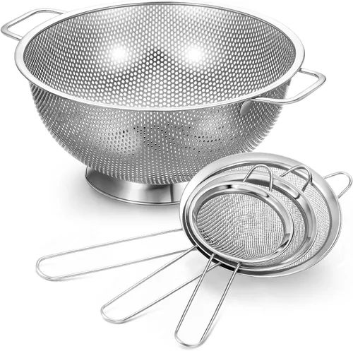 Vista 8 de Norme Colador dorado de acero inoxidable de 3 cuartos de malla fina, colador de metal para pasta, arroz y alimentos con asas, fácil de limpiar