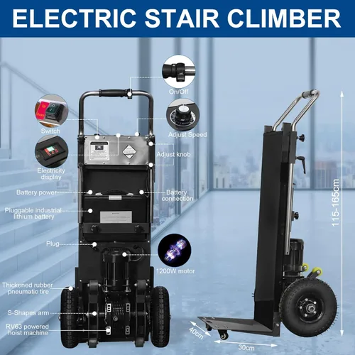 Vista 5 de Camiones de mano eléctricos para escaleras, 1200 W, carretillas de mano eléctricas para escalar, carrito de mano para mudanza, capacidad de 880 Negro