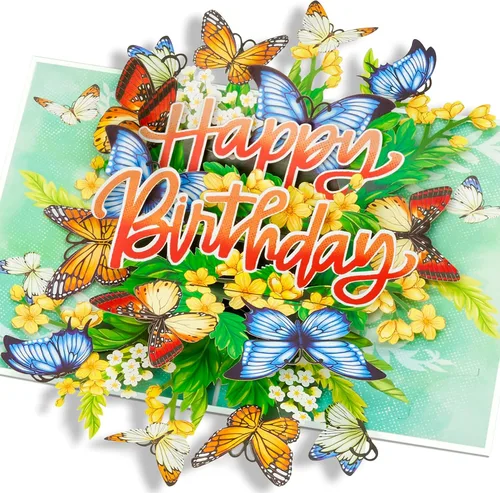 Vista 7 de POPWOW Tarjeta desplegable de feliz cumpleaños, flores y mariposas, tarjeta de felicitación 3D floral, regalo para mamá, hermana, mujer, abuela