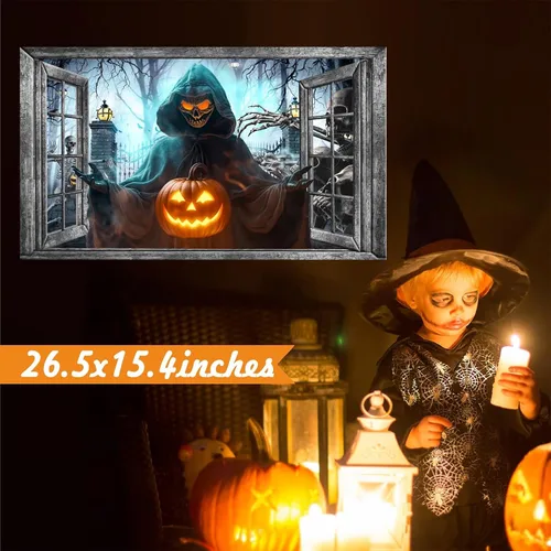 Vista 2 de Decoración de pared de Halloween, calcomanías de Halloween 3D para ventana falsa, despegar y pegar, calabazas, esqueleto, murales artísticos