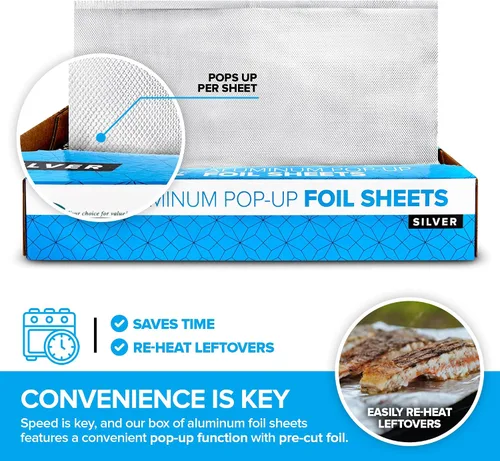 Vista 4 de 200 hojas de papel de aluminio precortadas para delicatessen - Hojas emergentes de 9 pulgadas para restaurante, cubiertas desechables para alimentos