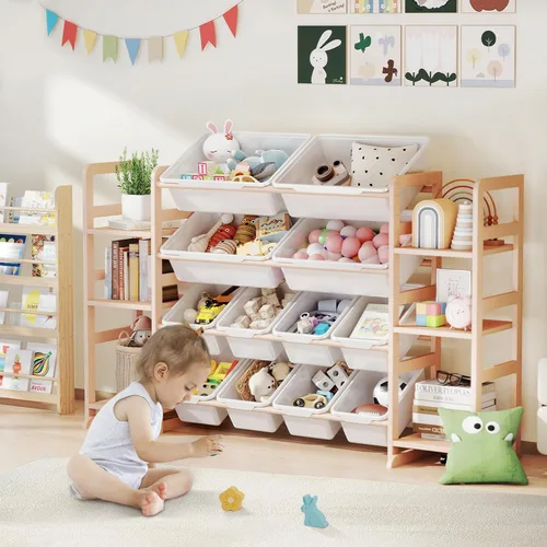 Vista 6 de Organizador de almacenamiento de juguetes de madera con 6 estantes y 12 contenedores, organizador de juguetes para niños, estante de juguetes