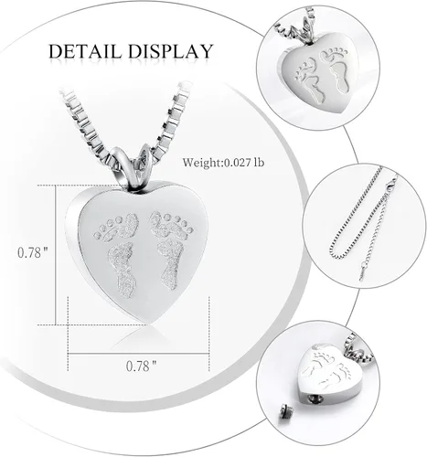 Vista 2 de XSMZB Always In My Heart - Collar con colgante de urna de recuerdo de cenizas con pies de bebé, urna de cremación, joyería conmemorativa