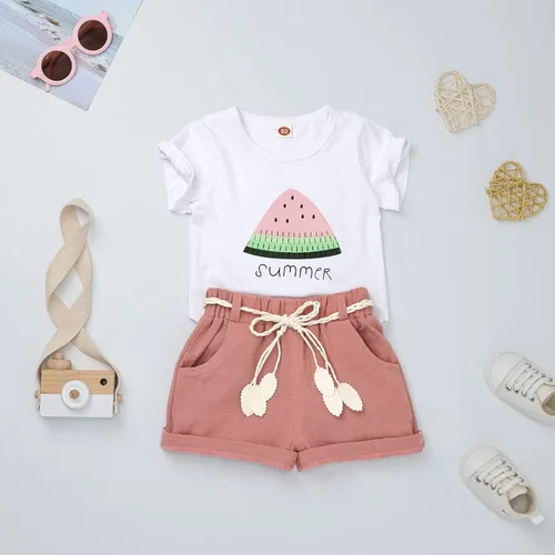 Vista 2 de FOCUTEBB Conjunto de ropa de verano para bebé niña, camiseta y pantalones cortos de lino con cinturón, lindo conjunto de ropa