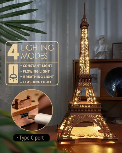 Vista 3 de ROBOTIME Rompecabezas 3D para adultos, kit de construcción de modelos de bricolaje, torre Eiffel y caja de música de madera, atardecer carnaval