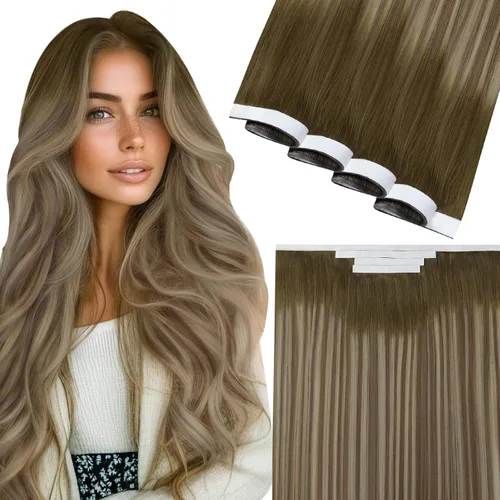 Vista 151 de Easyouth Extensión de cabello humano rubio con cola de caballo, extensiones de cabello humano rubio dorado con reflejos rubios, extensiones