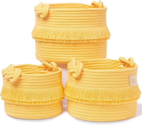 Vista 15 de NaturalCozy - Juego de 3 piezas de cestas de almacenamiento de decoración boho - Cestas tejidas de cuerda de algodón para organizar! Cosas pequeñas