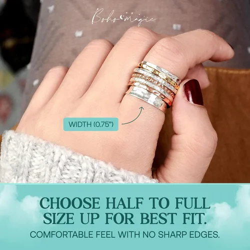Vista 2 de Boho-Magic Anillo giratorio de plata de ley 925 para mujer con bandas de cobre y latón, anillo de plata hecho a mano para uso diario, comodidad