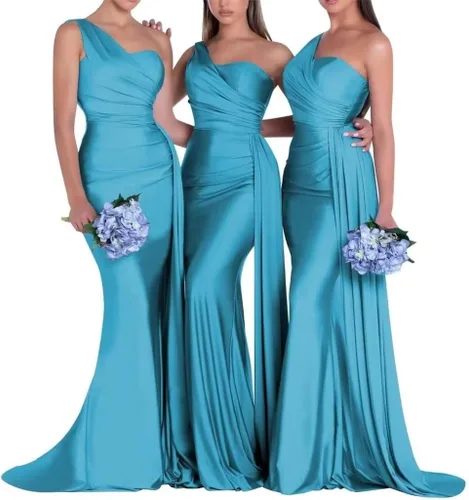 Vista 5 de One Shoulder Mermaid Bridesmaid Dresses Long Prom Dresses Satin Formal Evening Gowns with Train