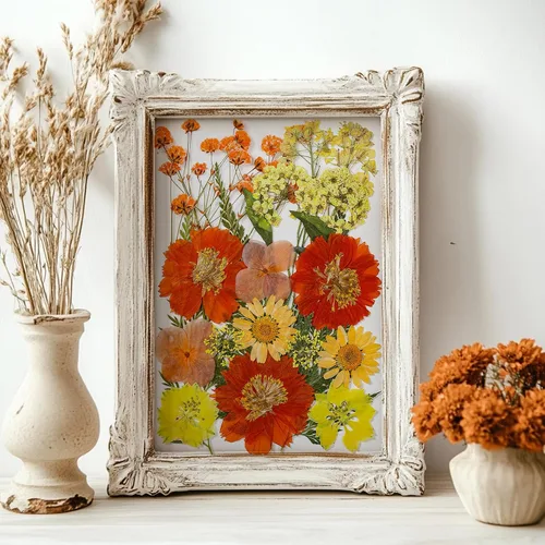 Vista 9 de 85 piezas de flores y hojas prensadas secas en otoño para manualidades de Naranja y amarillo 85 piezas