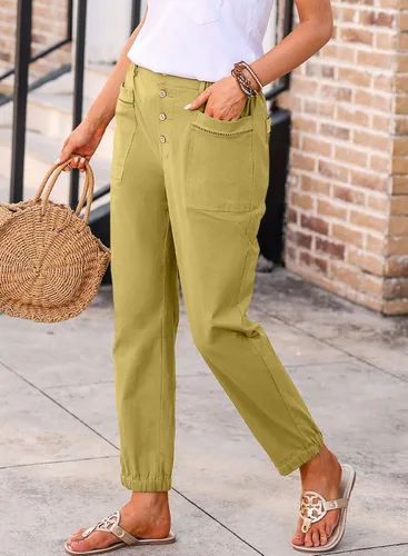 Vista 3 de EVALESS Pantalones casuales para mujer, elásticos, de cintura alta, con botones, pierna recta, holgados, de algodón, con bolsillos